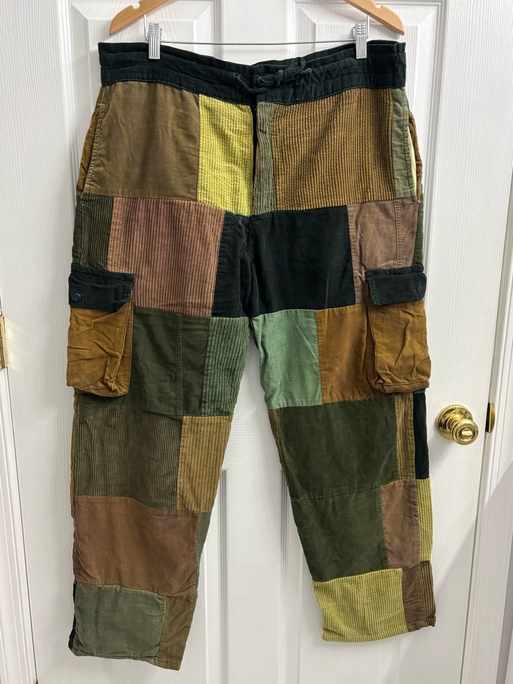 Gypsy Rose Patchwork Pants Corduroy Funky Texture Green Brown Earthy Cargo